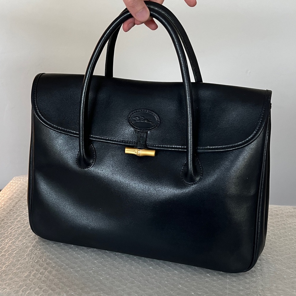Longchamp Black Leather Top-Handle Tote with Gold Accent